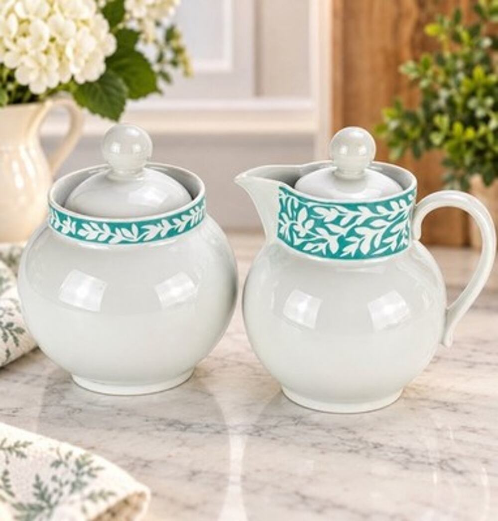 Dansk Trellis Dinnerware Mint Creamer & Sugar Bowl Set With Lids Portugal